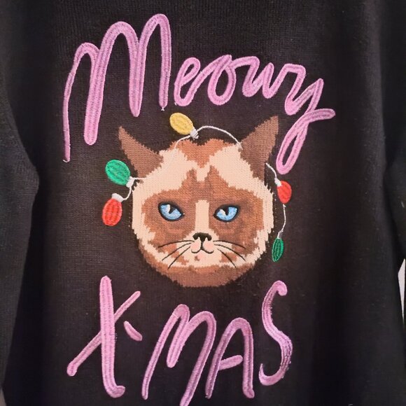 H&M Novelty Embroidered  "Meowy X-Mas" Black Knit Sweater womens sz Medium - Picture 3 of 6